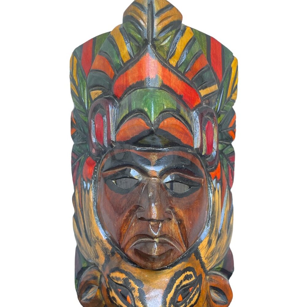 Warrior Chief Totem Mayan Aztec Face Mask Hand Carved Wooden Painted